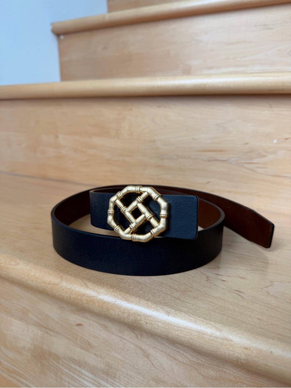 J.McLaughlin Ruby Reversible Leather Belt Black Brown Gold Bamboo Buckle Size M